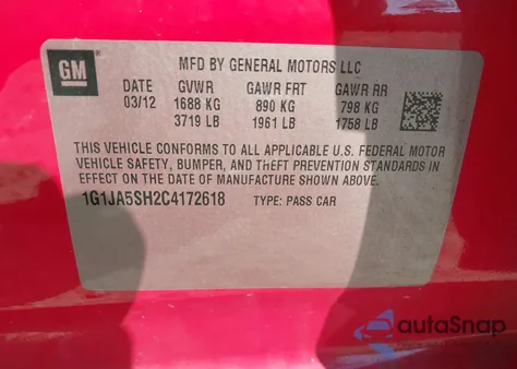 2012 Chevrolet Sonic 2Ls from USA, damaged, VIN 1G1JA5SH2C4172618